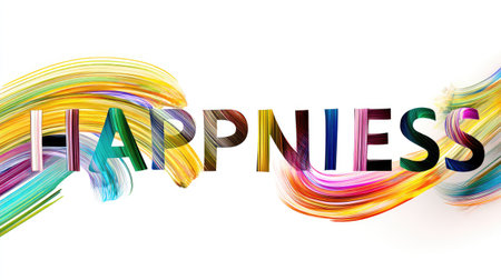 This vibrant and colorful abstract artwork creatively captures the essence of happiness through flowing brush strokes and vivid hues.の素材