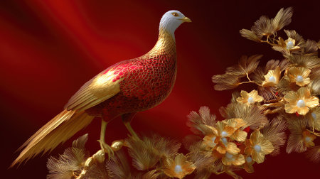 A striking golden pheasant stands elegantly on a branch adorned with delicate blossoms, showcasing vibrant colors against a rich red backdrop.の素材