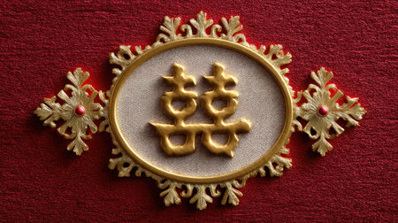 This stunning image features a traditional golden Chinese character emblem set against a vibrant red background, representing cultural significance and artistic elegance.の素材