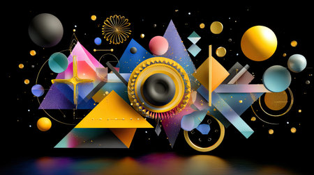 This vibrant abstract design features a blend of colorful geometric shapes, including triangles and circles, set against a dark background, perfect for creative projects.の素材