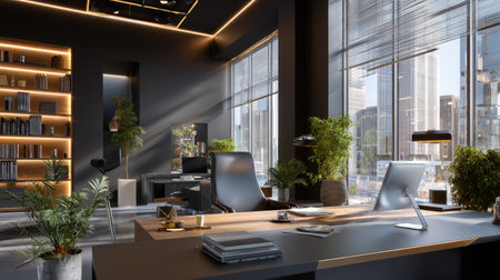 A modern office interior featuring elegant furniture and abundant natural light streaming through large windows, highlighting a stylish design and city views.の素材