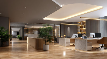 A modern office interior featuring sleek furniture, warm wood flooring, and innovative lighting design. Perfect for showcasing contemporary workspace aesthetics.の素材