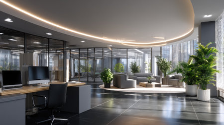 A stunning modern office interior showcasing a bright, spacious environment filled with greenery, sleek furniture, and ample natural light that promotes productivity.の素材