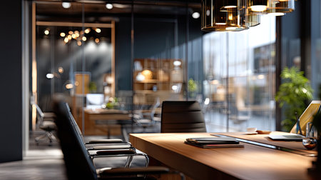 A beautifully designed modern office interior showcasing sleek furniture, ample natural light, and elegant decor, promoting a productive work environment.の素材
