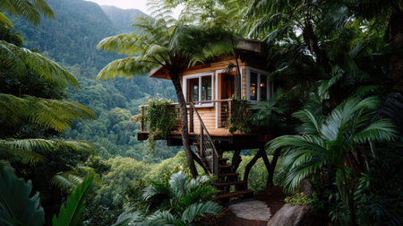 This image showcases a charming wooden treehouse surrounded by vibrant greenery and majestic mountains, ideal for tranquil getaways and nature retreats.の素材