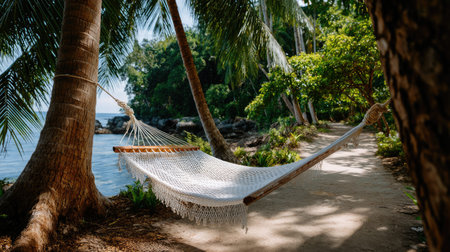 A serene hammock gently swings between towering palm trees, overlooking a calm stretch of water. Lush greenery surrounds this peaceful getaway, making it an ideal spot for relaxation and reflection.の素材