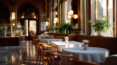 A beautifully designed restaurant interior showcasing elegant tables adorned with white tablecloths, complemented by warm lighting and lush plants.の素材