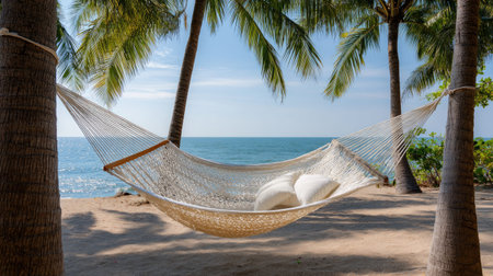 A tranquil scene featuring a hammock suspended between two tall palm trees, offering a cozy spot to relax by the beach with soft pillows and the soothing sound of waves.の素材