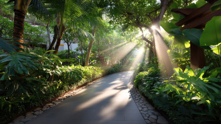 A beautiful pathway illuminated by soft rays of sunlight, surrounded by vibrant tropical greenery, creating a peaceful and serene atmosphere for exploration.の素材