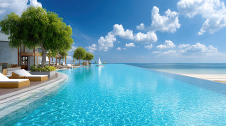 Experience the beauty of a luxurious infinity pool that stretches to meet the clear blue waters of an idyllic tropical beach, surrounded by palm trees.の素材