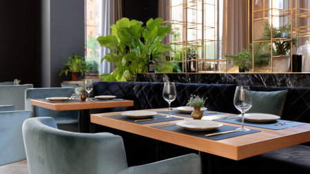 This stylish restaurant interior showcases elegant table settings surrounded by lush greenery, reflecting a modern and inviting dining experience.の素材