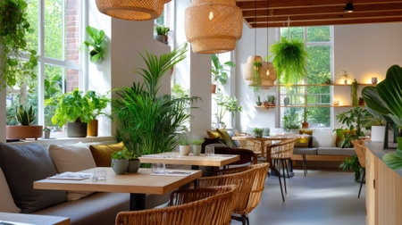 This image showcases a cozy cafe interior featuring lush greenery, simple wooden furniture, and warm natural lighting, creating an inviting atmosphere.の素材