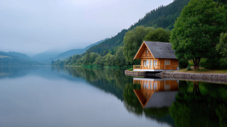 A wooden cabin sits peacefully by a tranquil lake, surrounded by lush greenery and misty mountains, offering a serene escape into nature's beauty.の素材