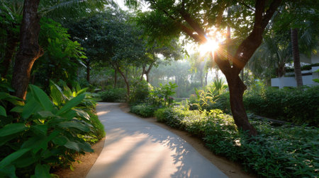 A picturesque pathway winding through a lush tropical garden, illuminated by soft sunlight rays. The scene evokes a sense of tranquility and natural beauty, inviting exploration.の素材