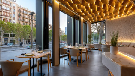 A stunning view of a modern restaurant interior featuring elegant furniture, warm lighting, and large windows creating a bright atmosphere.の素材