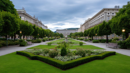A captivating view of an urban park with symmetrical pathways, lush greenery, and dramatic clouds above, perfect for relaxation and nature appreciation.の素材