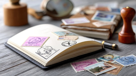 A captivating flat lay composition featuring a vintage travel journal adorned with assorted stamps and postcards, evoking adventure and nostalgia.の素材
