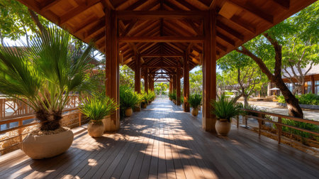 This image captures a stunning wooden walkway surrounded by lush plants in a tranquil tropical setting, highlighting architectural elegance and natural beauty.の素材
