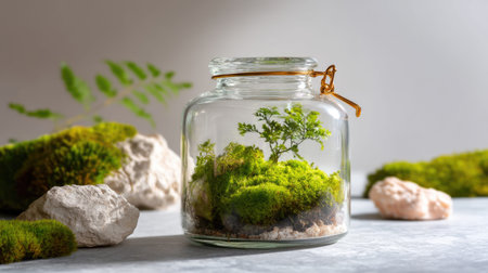 A stunning close-up of a glass container filled with lush green moss, delicate rocks, and a small tree, showcasing a tranquil miniature landscape ideal for home decor.の素材
