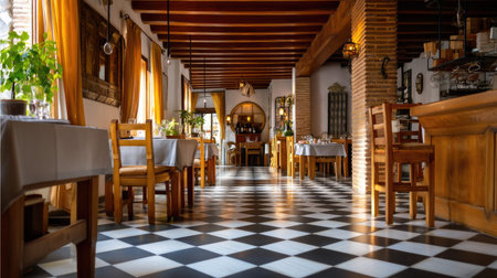 Experience the charm of a cozy restaurant featuring an elegant dining area with a striking checkerboard floor and warm, inviting light. Perfect for meals and gatherings.の素材