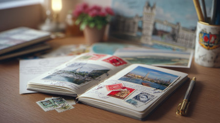 A charming vintage scrapbook showcases postcards and stamps, capturing memories of travels. Perfect for inspiring creativity and nostalgia in a cozy workspace.の素材