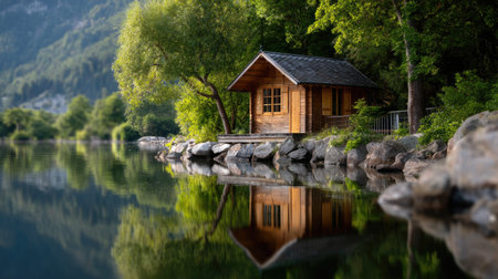 Discover a tranquil lakeside scene featuring a cozy wooden cabin nestled among vibrant greenery, reflecting beautifully on serene water.の素材