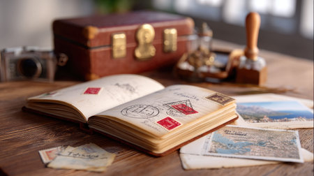 An evocative scene featuring a vintage travel journal, postcards, and a classic camera on a rustic wooden table, perfect for capturing wanderlust and nostalgia.の素材