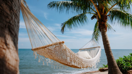A picturesque scene featuring a cozy hammock suspended between two palm trees, with a stunning ocean view on a sunny day, perfect for relaxation.の素材
