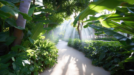 A serene pathway meanders through lush greenery, with sunlight streaming through the leaves, creating an enchanting atmosphere in a tropical garden.の素材