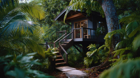 This serene tropical cabin nestled among lush greenery offers a perfect retreat for relaxation and escapism. Surrounded by vibrant foliage, it invites visitors to unwind in natureの素材