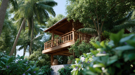 This serene wooden cabin offers a perfect escape, nestled among lush tropical foliage and palm trees. Ideal for relaxation and nature lovers.の素材