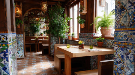 A charming indoor dining space featuring wooden tables and benches, lush green plants, and colorful decorative tiles, perfect for inviting gatherings.の素材