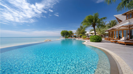 This stunning scene captures a tranquil tropical paradise featuring a shimmering infinity pool, palm trees, and the serene blue ocean under a radiant sky, perfect for vacation and relaxation.の素材