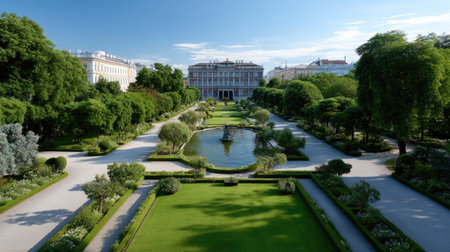 This stunning image captures a serene garden landscape featuring a vibrant array of greenery, a reflective pond, and elegant architectural details, ideal for tranquil escapes.の素材
