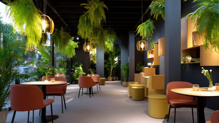 A stylish indoor dining area featuring modern furniture and lush greenery, creating a welcoming atmosphere ideal for dining and social gatherings.の素材