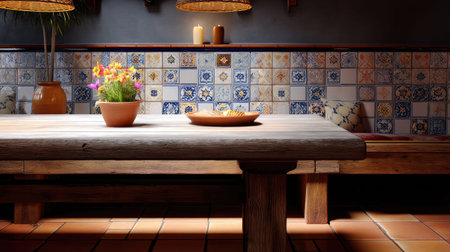 This image features a rustic wooden table adorned with a colorful floral arrangement. The backdrop showcases decorative tiles, creating a cozy indoor atmosphere perfect for home or restaurant settings.の素材