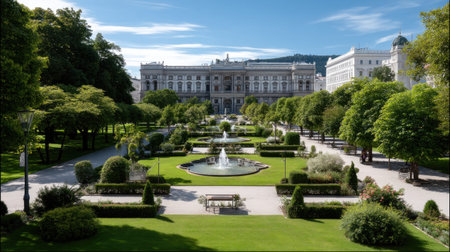 This stunning image showcases a beautifully landscaped garden with a historical building in the background. The scene features manicured lawns, lush greenery, and tranquil fountains, creating a serene and inviting atmosphere perfect for relaxation and leisure.の素材