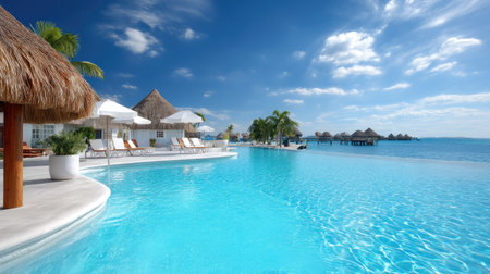Experience ultimate relaxation at this beachfront resort featuring a stunning infinity pool surrounded by palm trees and crystal-clear water under a bright blue sky.の素材