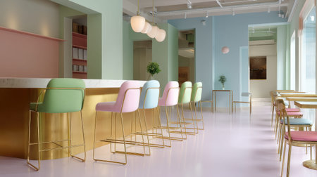 A beautifully designed cafe interior showcasing colorful pastel stools and a sleek bar. The open space features elegant furnishings, inviting ambiance, and contemporary decor.の素材