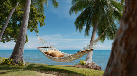 Experience a serene beach setting featuring a cozy hammock strung between lush palm trees, offering a perfect spot for relaxation and escape.の素材