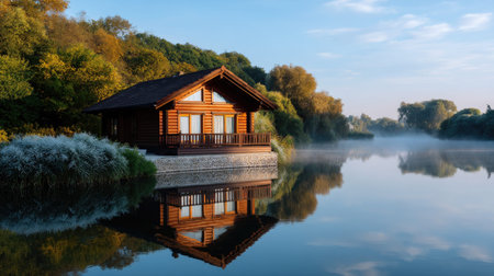 A picturesque wooden cabin sits gracefully by a calm lake, surrounded by vibrant green trees and early morning mist. This serene setting evokes tranquility and peace.の素材