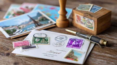 A captivating vintage postcard collection featuring colorful stamps, a wooden box, a wax seal, and a classic pen, perfect for inspiring creativity.の素材