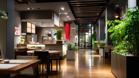 This stunning image showcases a modern restaurant interior, featuring elegant wood accents, lush greenery, and inviting lighting that creates a warm ambiance.の素材
