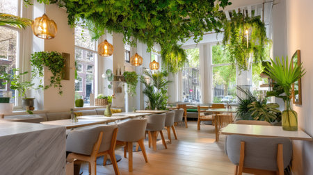 This modern cafe interior features lush greenery, inviting spaces, and natural lighting, creating a serene atmosphere perfect for relaxation and enjoyment.の素材