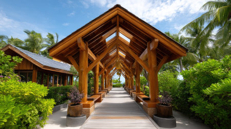 A stunning wooden pathway leads through lush tropical plants towards a luxury resort, offering a serene escape perfect for vacation and relaxation in nature.の素材