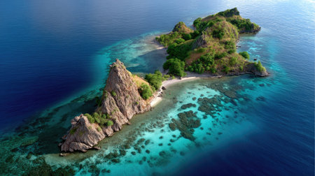 This aerial photograph captures a breathtaking tropical island with lush greenery, clear blue waters, and vibrant coral reefs, perfect for a serene escape.の素材