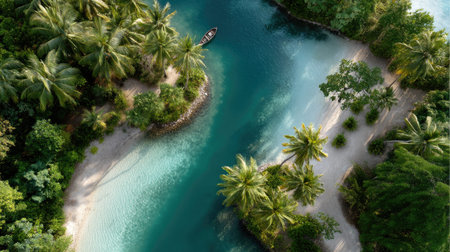 Discover the beauty of a tropical river winding through lush palm trees and soft sandy beaches in this captivating aerial view. Perfect for travel and nature themes.の素材