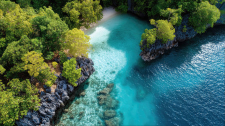 Discover a breathtaking aerial view of a tropical landscape featuring pristine waters and vibrant greenery, creating a tranquil retreat for nature lovers.の素材