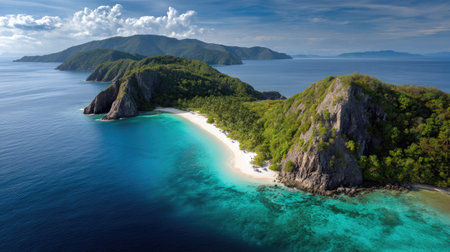 Discover a breathtaking aerial view of a secluded island with lush greenery and vibrant blue waters, offering an idyllic retreat for nature lovers and travelers.の素材