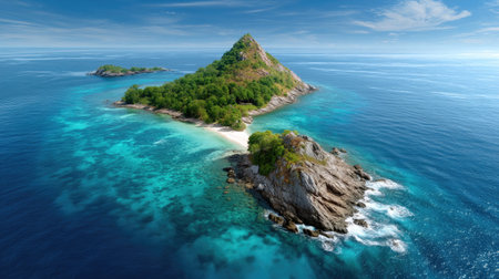 Experience the natural beauty of a secluded tropical island featuring vibrant greenery, pristine sandy beaches, and tranquil ocean. Perfect for travel inspiration.の素材